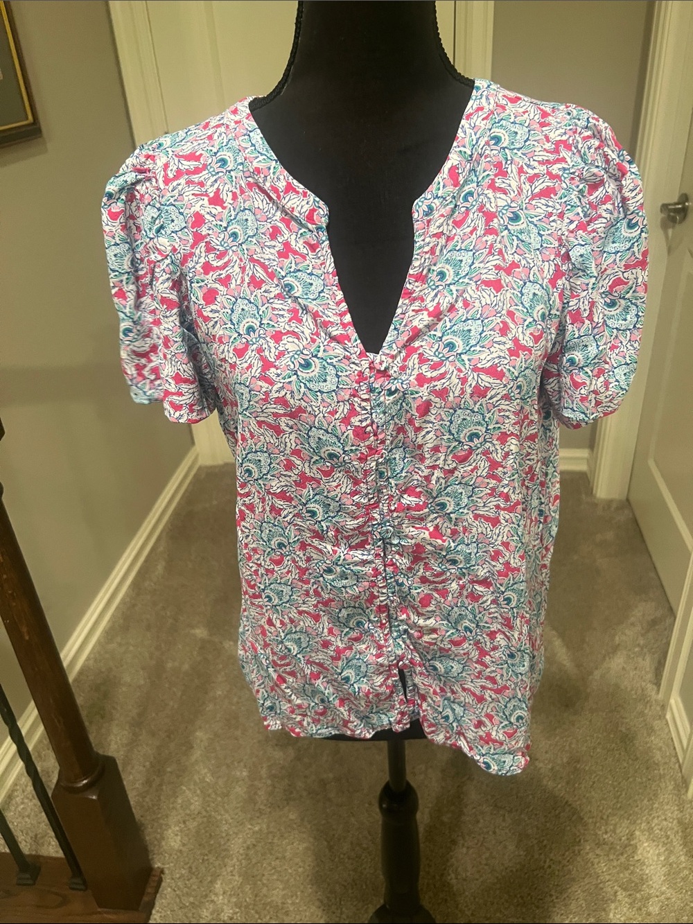 LOFT Pink and Blue Floral Button-Front Split V Blouse